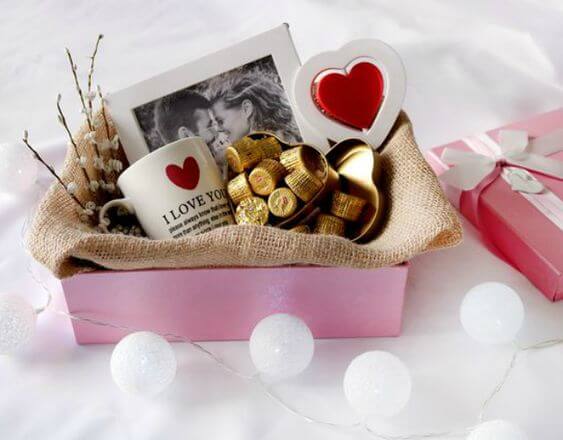 Basket with chocolates and gifts, ideas for Valentine's Day