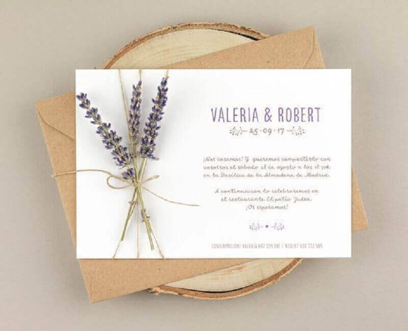 simple wedding invitation with small bunch of lavender flowers 