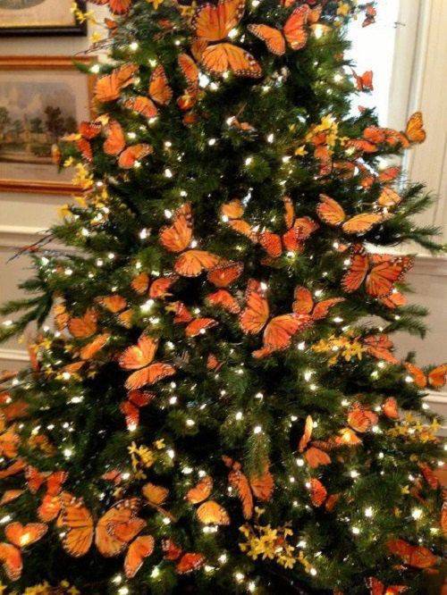 orange Christmas tree with butterflies