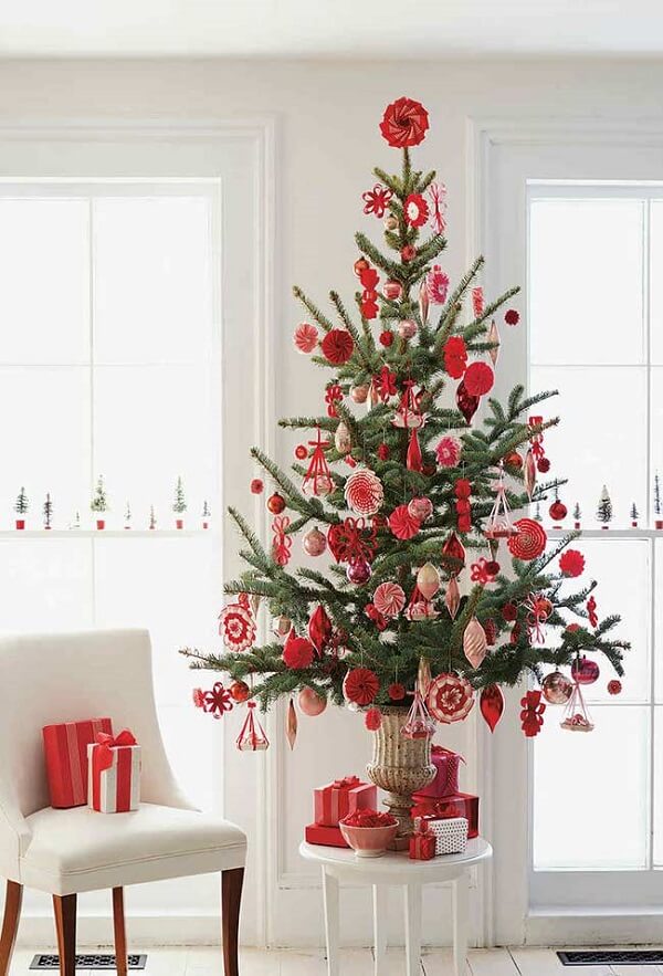 The Christmas tree to get taller was positioned on the white stool